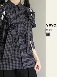 Women's Plaid Bowknot Short Sleeve Shirt, Summer Casual Loose-Fit Woven Top, College Style Slimming Blouse, Bohemian Casual Top for Women