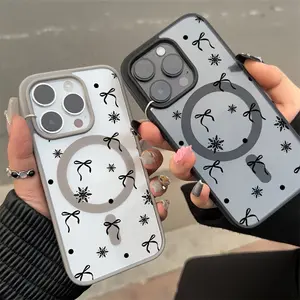 Black Snowflake Bow MagSafe Case Compatible with iPhone 17 Pro Max Air 16 16e 15 14 Plus 13 12 11 X XS Magnetic Clear Acrylic Back Drop Protection Pocket-Friendly Cellphone Cover Valentine's Day Gift 2D printing