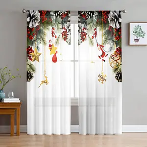 2D Flat 2Pcs Christmas Theme Curtains, Festive Decorations for Living Room Bedroom, Semi Sheer Window Treatments, Holiday Pine Cone Berry Print Drapes, Home Decor