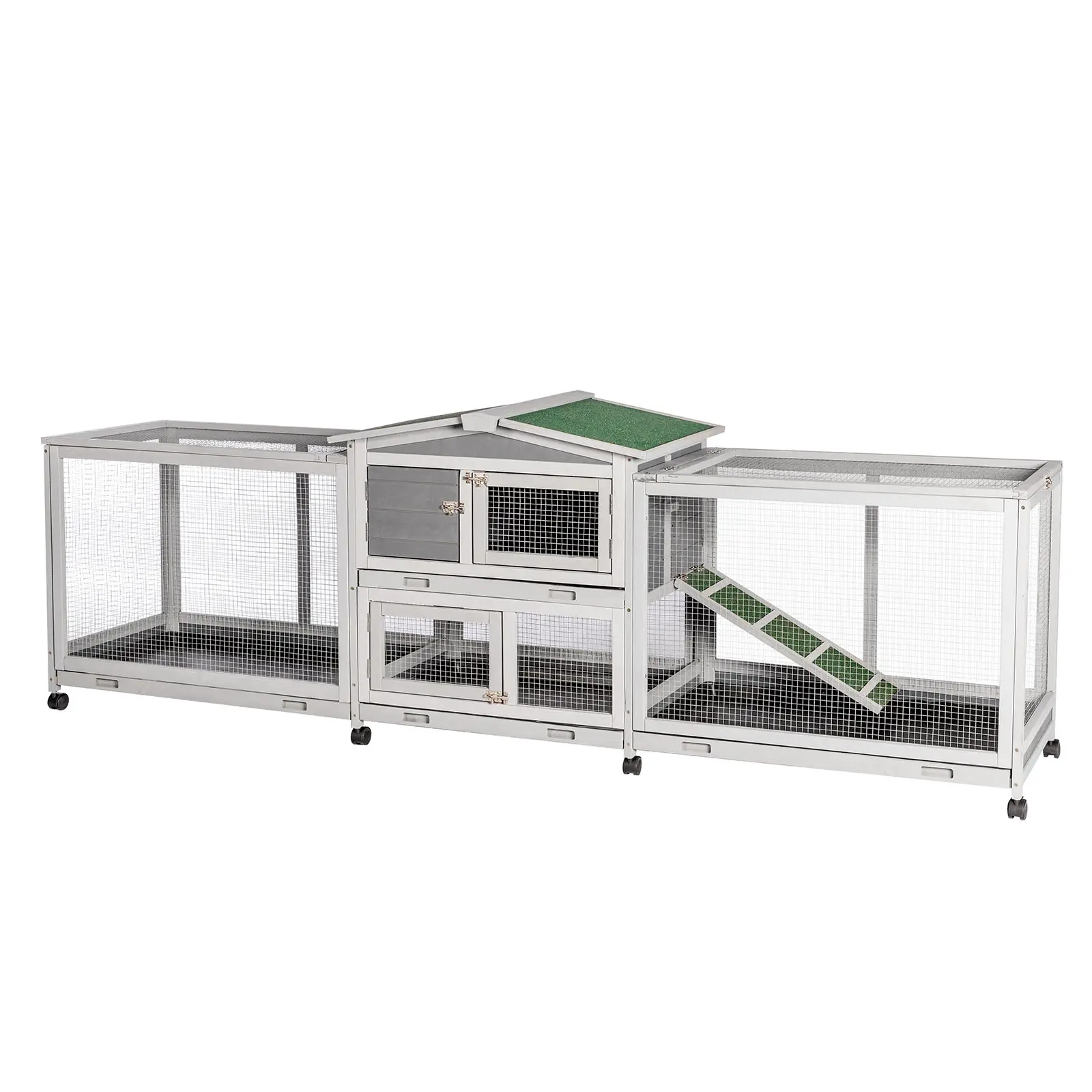94.5'' Rabbit Hutch with 8 Wheels, Bunny Cage Two Run Rabbit Cage Outdoor Wooden Bunny Hutch Small Animal House with Removable Tray & Anti-Slip Ramp Ladder Enclosure Net Portable Puppy Pen