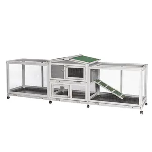 94.5'' Rabbit Hutch with 8 Wheels, Bunny Cage Two Run Rabbit Cage Outdoor Wooden Bunny Hutch Small Animal House with Removable Tray & Anti-Slip Ramp Ladder Enclosure Net Portable Puppy Pen