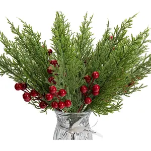 60 Pcs/Set Christmas 3D Artificial Pine Branches,12.5 Inch Faux Evergreen Cedar Sprigs Branches,Fake Foliage Pine Needles Picks with Artificial Red Berry Stems for DIY Christmas Decor,Hand Tools Kits