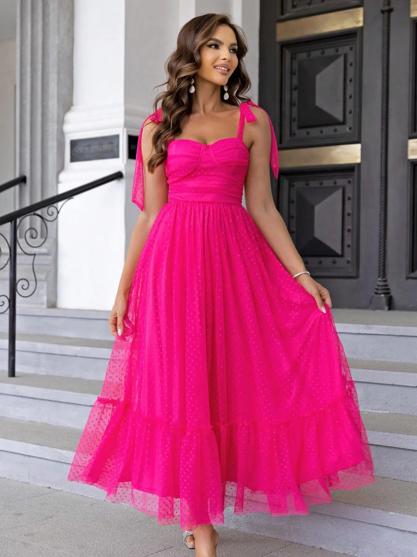 Women's Polka Dot Print Sleeveless Contrast Mesh Ruffle Hem Knot Tie Shoulder Fit A Line Dress, Summer Clothes Women, Elegant Tie Shoulder Long Dress For Vacation Holiday Wedding Guest, Ladies Summer Clothes Womenswear Piece