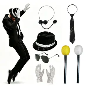 Disco Party Costume Set, Glitter Hat, Glasses, Gloves, Earpiece, Microphone, Tie, Music King, Festival, Halloween, Pool Party, Beach Party, Party Accessory