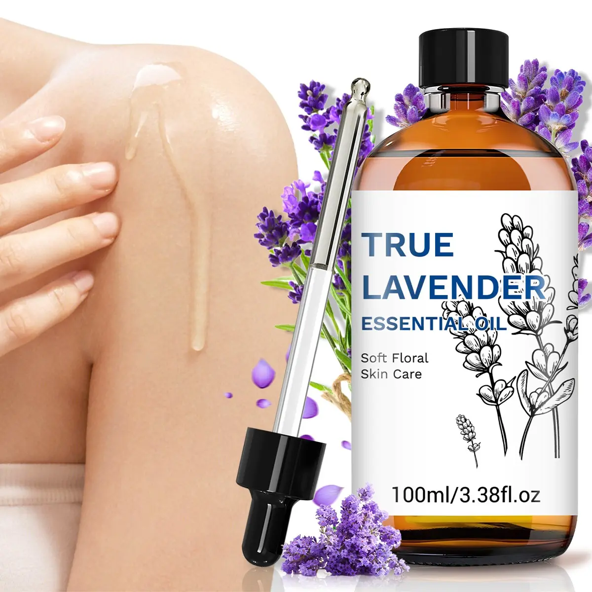True Lavender Essential Oil With Glass Dropper, Essential Oils for Therapeutic Massage, Wellness, Diffuser, Long Lasting Scents, Aromatherapy, Soap And Candle Making, 100ml