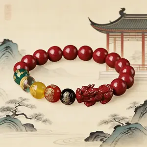 Five Blessings Pixiu Wealth Bracelet with cinnabar bead—attracts wealth and positive energy; Taoist blessing feng shui for five-element balance and wealth attraction