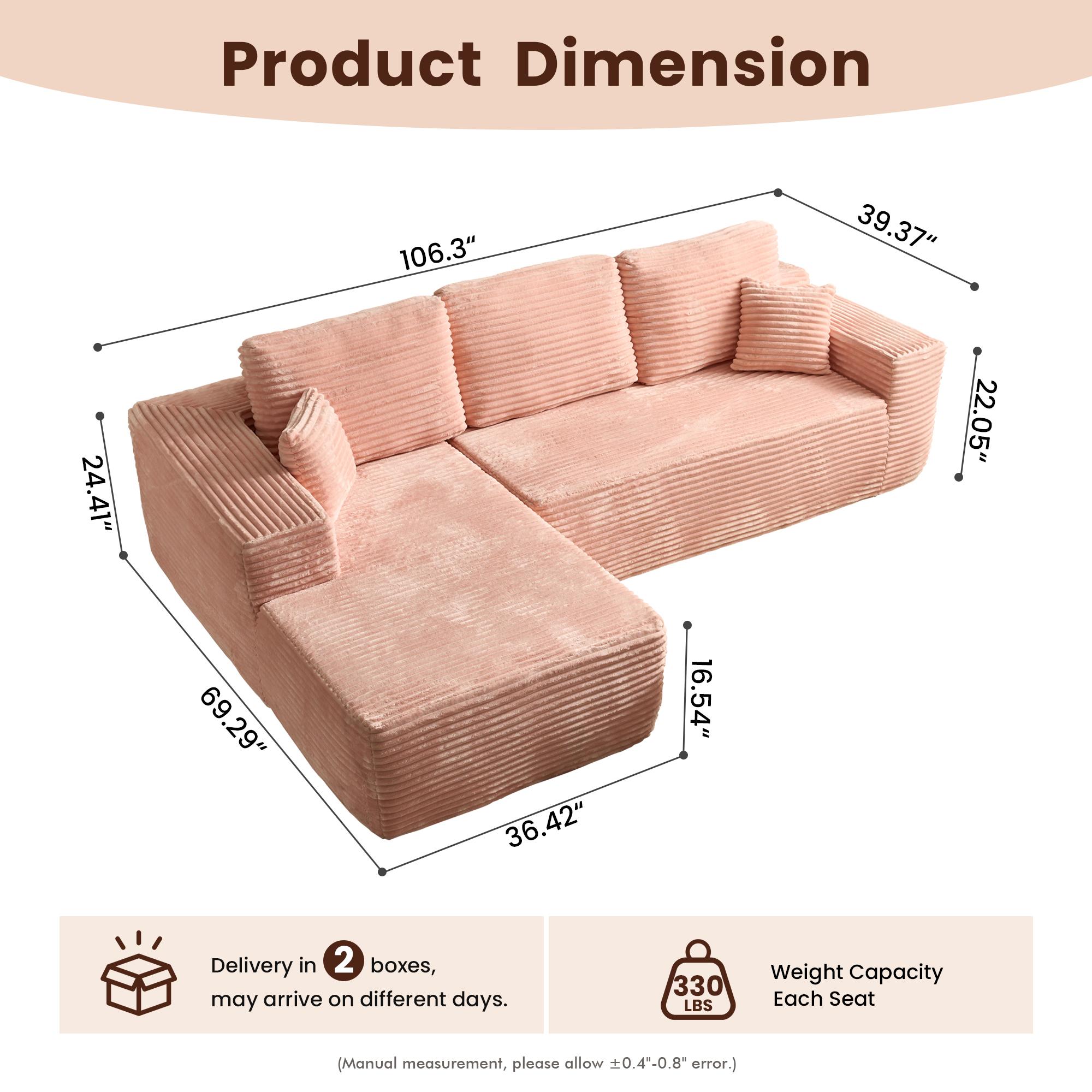HOOOWOOO 106" Modular Pink Cloud Couch with Chaise Lounge, 【2 Packages Shipping】Modern Sectional Boneless L-Shaped Modular Plush Corduroy Sofa for Living Room Bedroom, No Assembly Required, Pink