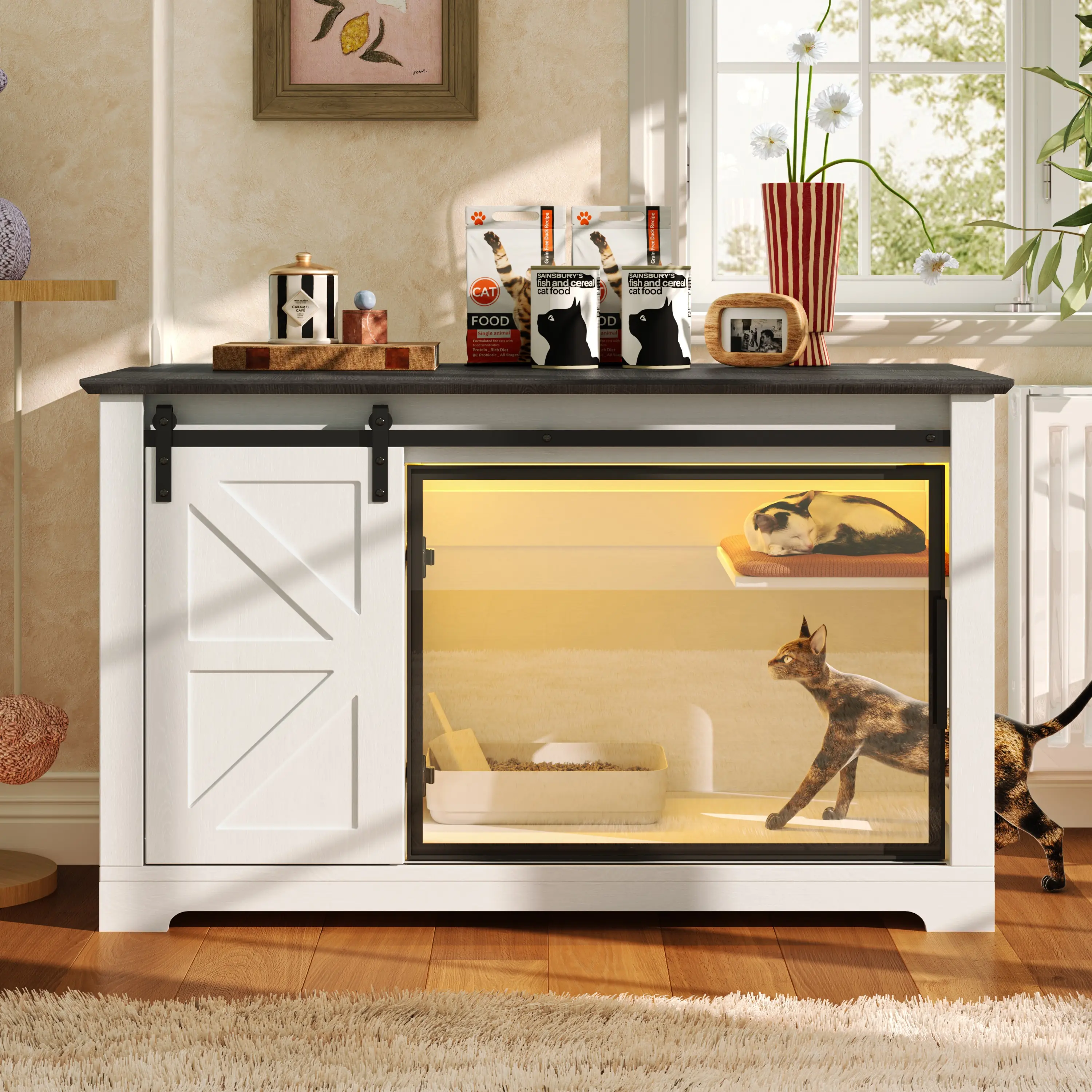 Eyisean 46-in Farmhouse-Style MDF Enclosed Litter Box Cabinet, Large Hidden Pet Furniture with Sliding Door, LED Light, Indoor Acrylic Door, Storage Shelf, Waterproof, Odor Concealment, Easy Cleaning, Easy Assembly for Living Room