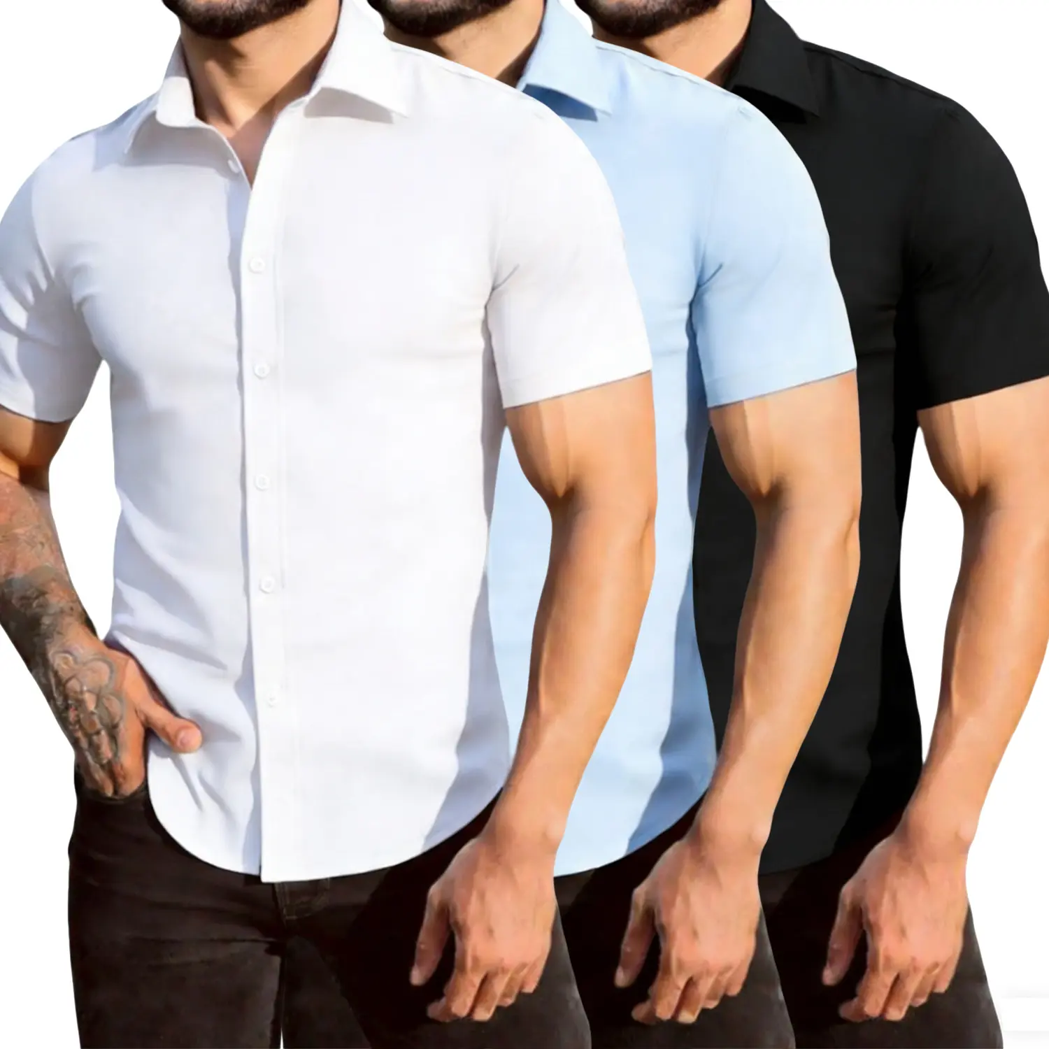 Men's 3-Pack Lightweight Polyester Shortsleeve Dress Shirts - Wrinkle-Resistant, Plain, Stylish, Regular Fit Menswear for Business/Professional Casual Summer Tops, Basic, Collared Neck, Casual Lightweight Breathable, Plain Shirts, Basic Look