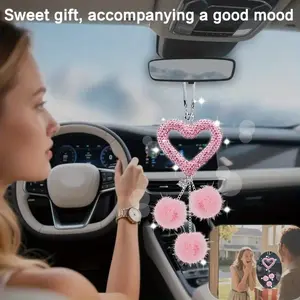 Car Decorative Heart-Shaped Fur Ball Ornament, Stylish Rearview Mirror Hanging Accessory, Car Hanging Decoration, Enhances Car Interior Aesthetics & Functionality