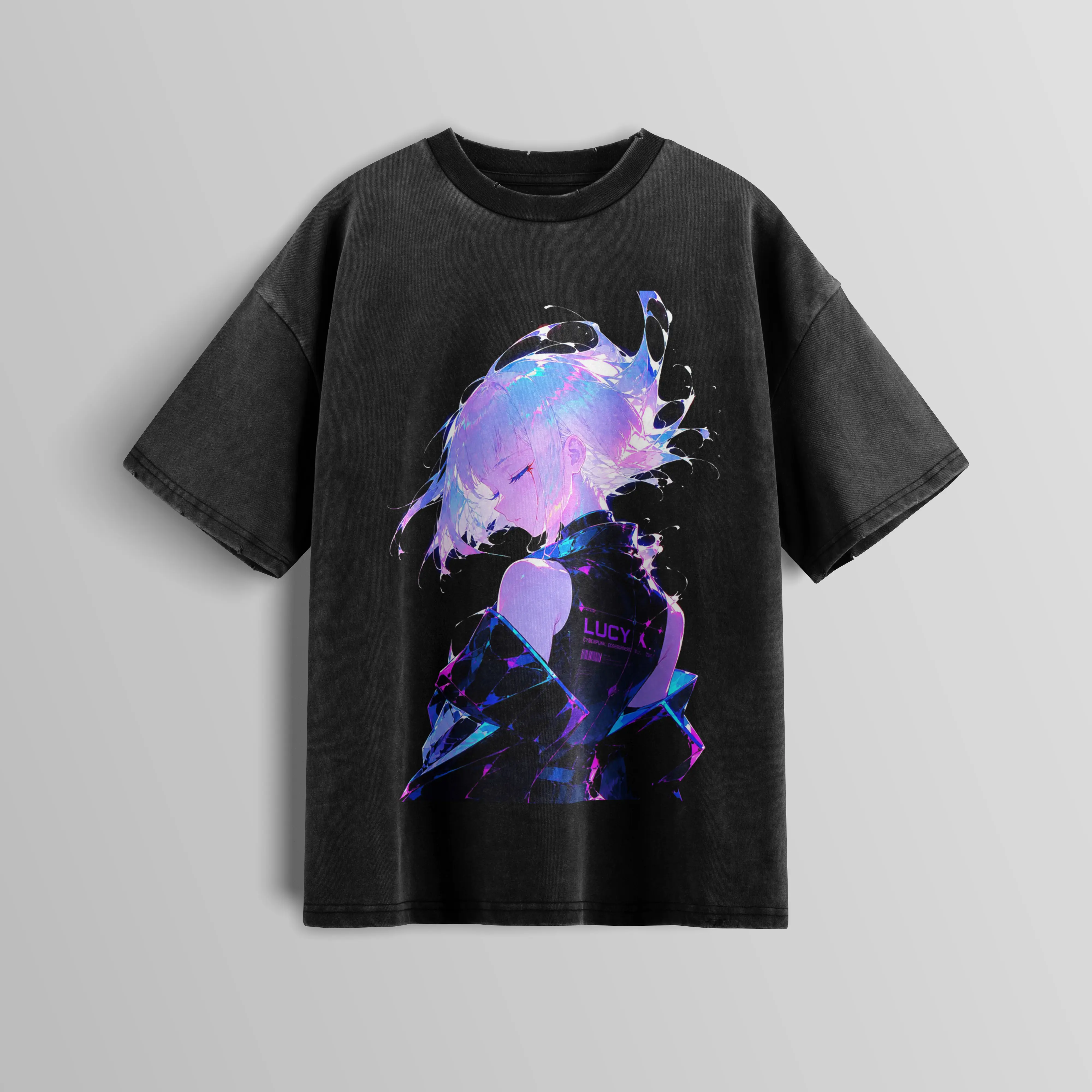 Men's Neon Cyberpunk Glitch Girl Graphic Washed T-Shirt - 230g Unisex Cotton Vintage Streetwear Tops, Futuristic Anime Style Short-Sleeve Crew Neck Shirt, Cargo