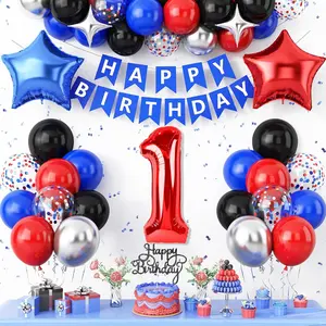 1st Birthday Decorations for Boys,Red Black Blue Birthday Balloon Number 1 Balloon with Star Foil Balloons Banner Cake Topper for Baby 1 Year Old Kids Theme Party Decor