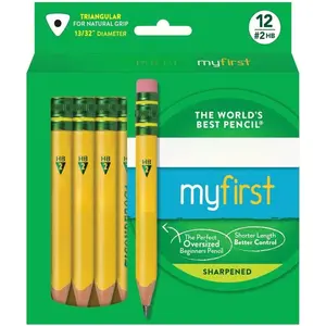 My First Half-Size Wooden Pencils, Large Triangle-Barrel Pre-Sharpened #2 (HB) Short 4.5" Yellow Pencils with Erasers, Yellow, 12/Pack