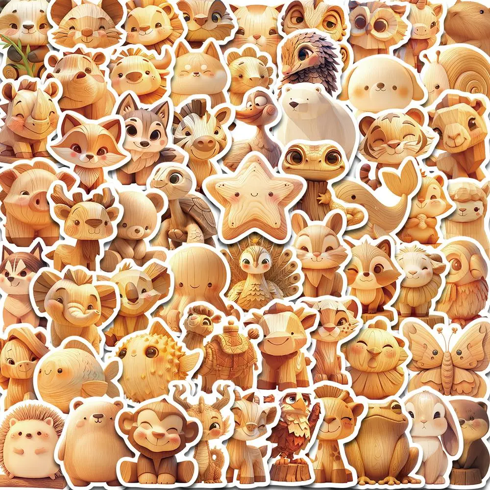 Wooden Doll Series Sticker, 60pcs/set Cute Cartoon Animal Pattern Decorative Sticker, Decals for Water Bottle, Laptop, Phone Case, Scrapbooking, Journal Making