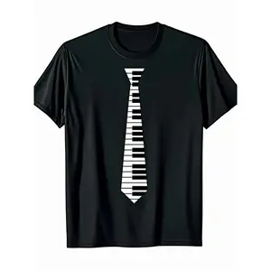 Men' Funny Piano Neck Tie Graphic T-Shirt - Music Note and Piano Keys Design, Heavyweight 220gsm Casual Round Neck Short Sleeve Tee with Humorous Piano Necktie for Musicians, Pianists and Keyboard Players - Gift for Music Lovers