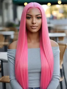 Pink Wig Long Straight Hair Soft Natural 13x4 HD Lace, Heat Resistant Fiber, Perfect for Role Playing Cosplay, High-Quality Synthetic Lace Wig