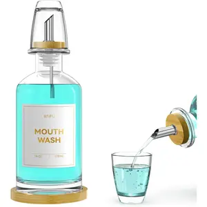 Glass Mouthwash Dispenser for Bathroom Countertop – 14oz/410ml Refillable Mouthwash Bottle with Stainless Steel Pour Spout & Bamboo Tray, Modern Decor for Home, Office, Airbnb (Clear)