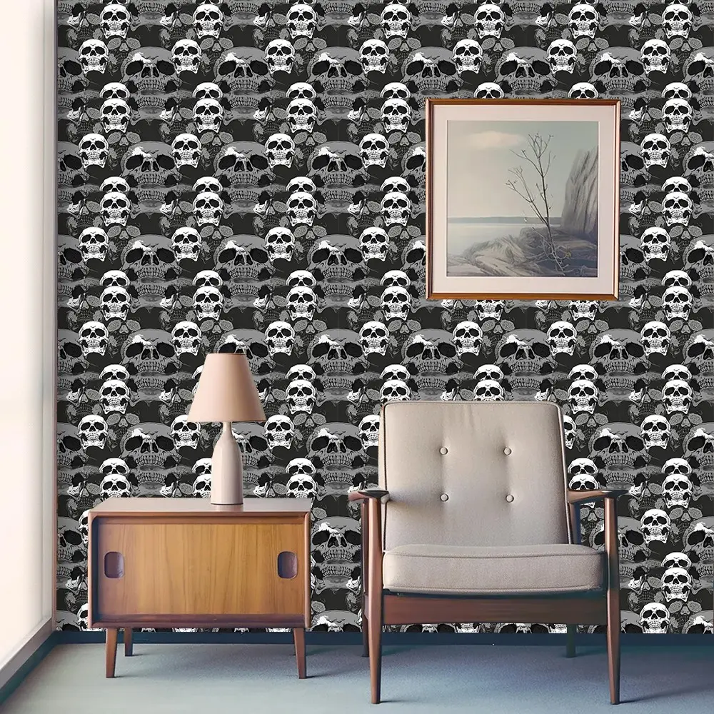 Peel and Stick Summerween Skull Wallpaper, Gothic Pattern, Removable Bedroom Decor, No Residue, Dark Academia, Spooky Season Vibe