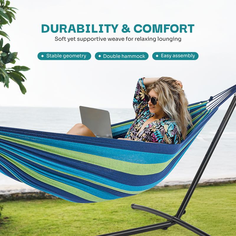 Double Hammock With Carry Bag, With Space-Saving Stand, Heavy-Duty Steel Frame, 450 Lb. Load Capacity, Easy To Assemble, For Patio, Park, Outdoors