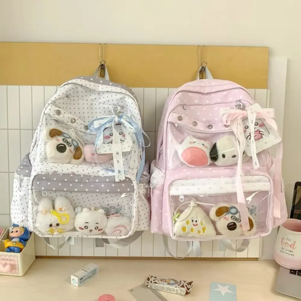 Star Printed Large-Capacity Backpack, Polka Dot Cute Fashion Student School Bag with Transparent Doll Display Pocket