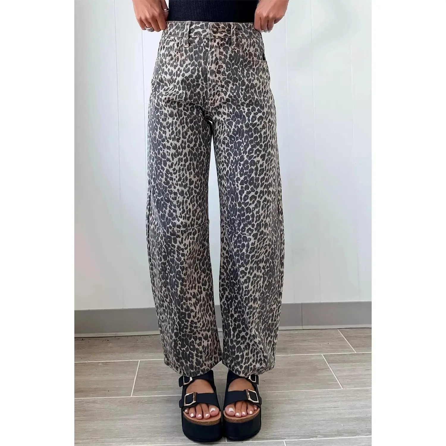 Leopard Print High Waist Barrel Jeans
