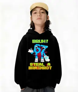 Boys' Retro 8-Bit "BRUH! Steal A Brainrot" Hoodie - Pixel Video Game Character Print & Iconic Logo,  Gamer Outfit, Machine Washable