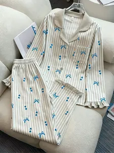 Women's Heart Bow Print Pajama Set 2 Piece, Casual Homewear Button Front Top & Elastic Waist Pants, Comfortable Sleepwear Loungewear