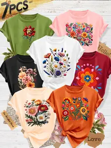 Women's 7-Pack Casual Short-Sleeve Crew Neck T-Shirt, Colorful Folk Floral Print, Multiple Colors Available, Machine Washable, Spring & Summer Top, Soft Skin-Friendly Fabric, Daily Versatile, Fashion Design