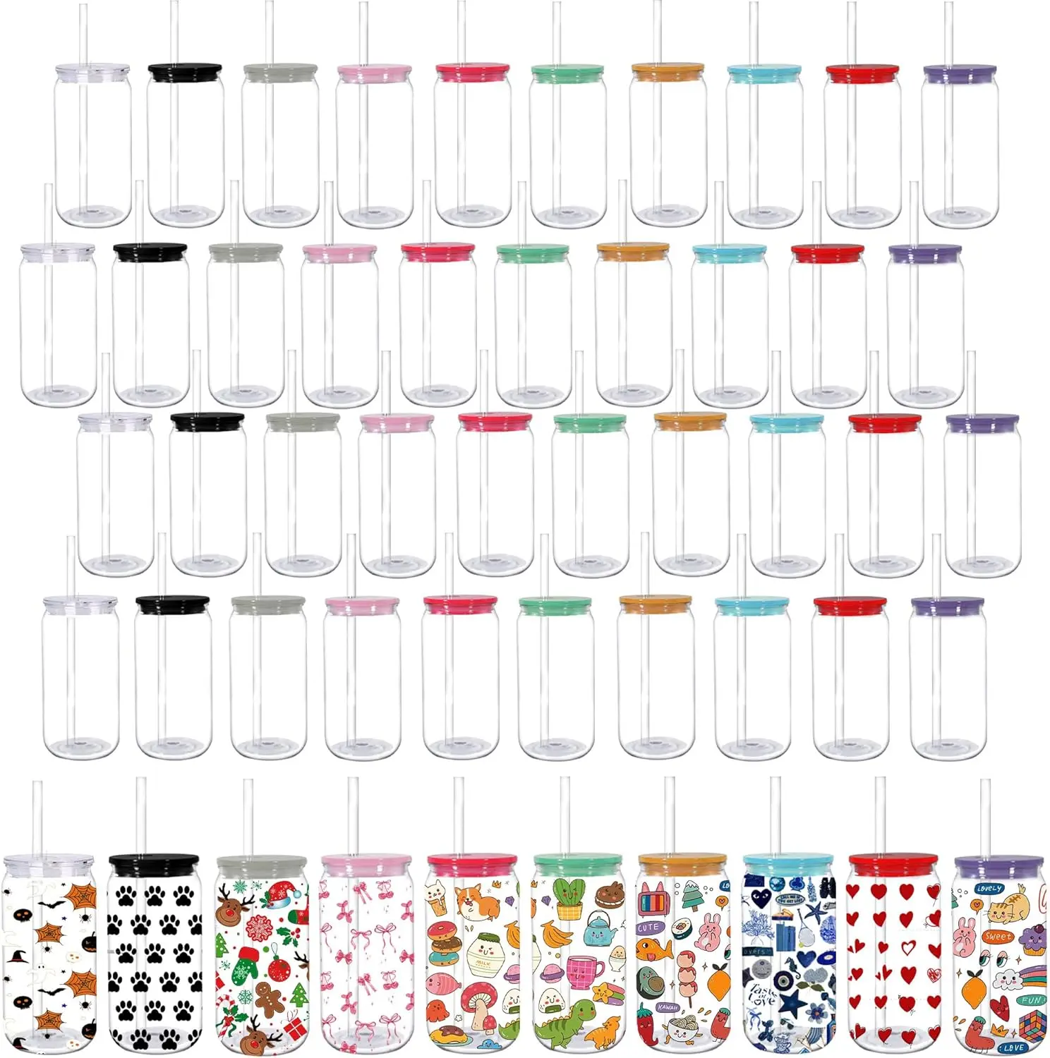 50pcs 16oz Clear Plastic Tumblers Mugs with Colorful Lids and Straws - Ideal for Vinyl Projects, Office, Home, and Holiday Celebrations Drinkware Bottle Water Bottles