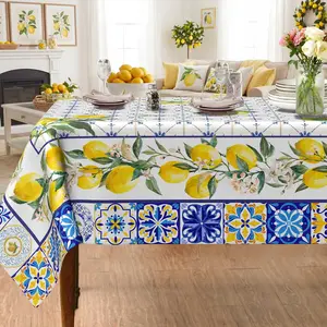 2D Flat Party Tablecloth 1pc, Lemon Pattern, Blue Rhombus Farmhouse Style, Rectangular, Polyester, Ideal for Parties and Dinners