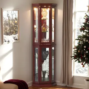 Eyisean 70" Corner Curio Cabinet, Tempered Glass Doors, Floor Standing Glass Display Cage with 6 Tempered Glass Shelves, Wine Cabinet Storage Rack for Bar and Liquor Storage (E26 Bulb Not Inclued)