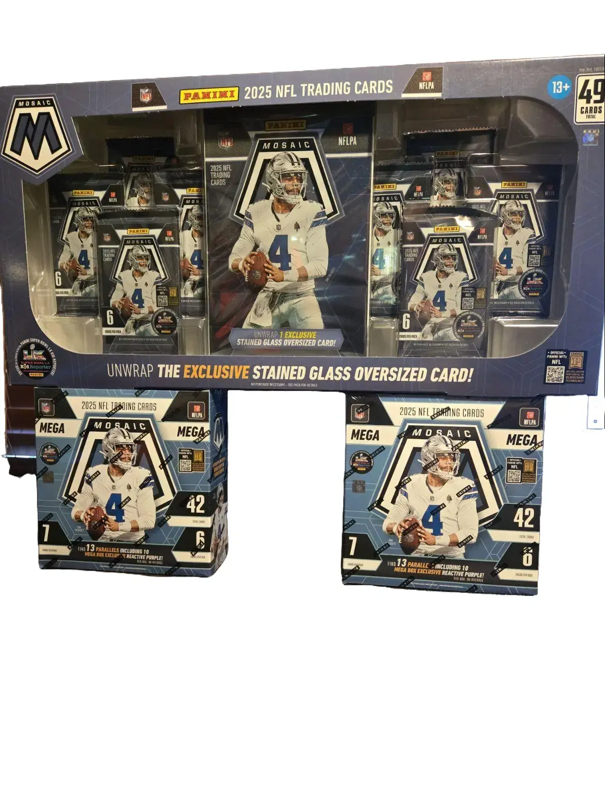 PYT Break- 3 Total Boxes- (1) 2025 Panini Mosaic Bundle ( 8 packs, 1 Jumbo stained glass) , (2) 2025 Panini Mosaic Mega Box (Reactive Purple)- FOOTBALL