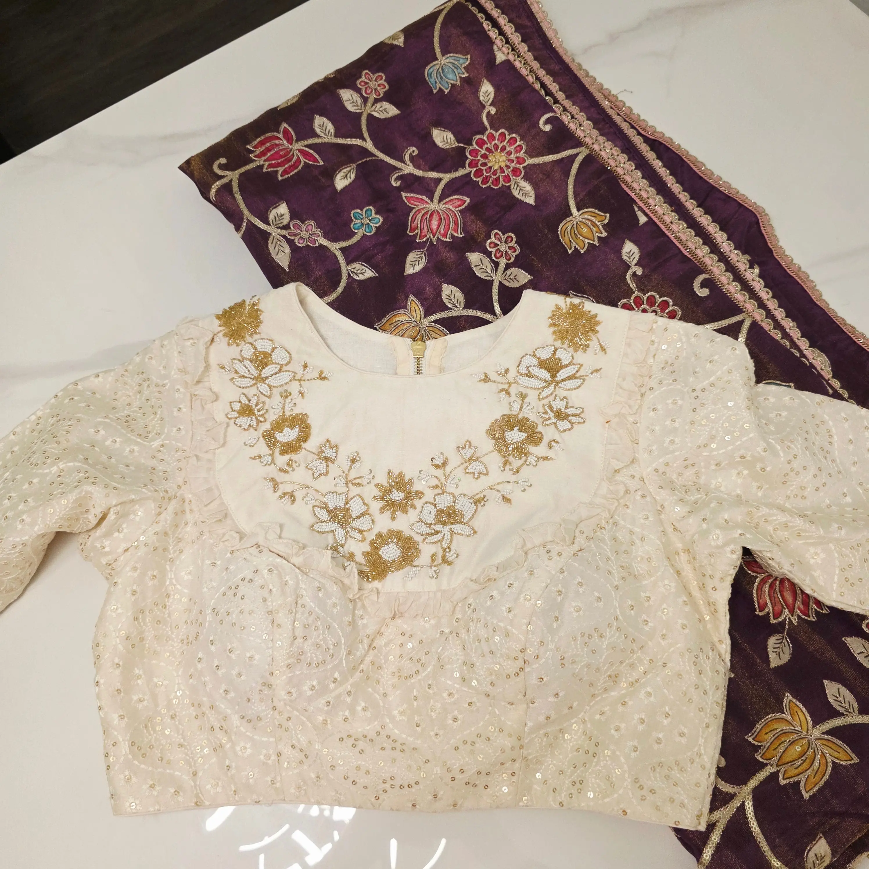 Reyavogue Women's Violet Tissue Saree with Kalamkari Patch work paired with designer blouse