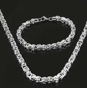 Men's Stainless Steel Necklace and Bracelet Set, Punk Style Edgy Design Byzantine Chain Jewelry, All-Season Fashion Accessories,byzantine chain mens, punk jewelry set, stainless steel chain, hip hop necklace bracelet, men heavy link jewelry