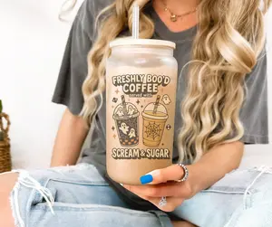 Freshly Boo'd Coffee Scream And Sugar Halloween Iced Coffee Glass Cup with Lid and Straw 16 oz Halloween Iced Coffee Cup Ghost Themed Glass Tumbler Stylish Mug Drinkware