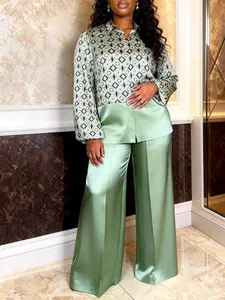 Women Two Pieces Set Turn Down Collar Button Long Sleeves Patchwork Printed Shirt High Waist Wide Leg Floor Length Pants Office Wear Casual Party