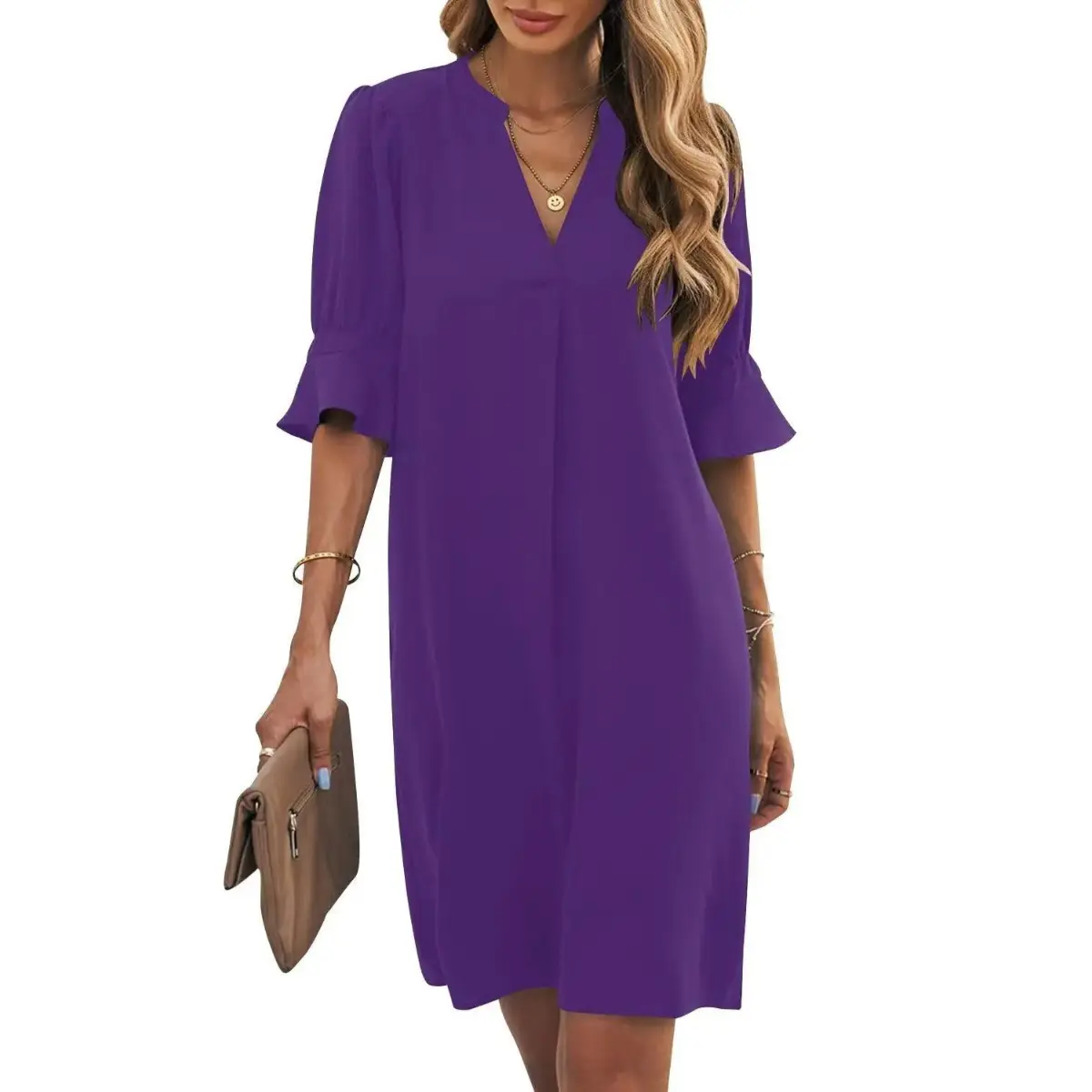 Wkior Shift Dress for Women V Neck Short Sleeves Solid Color
