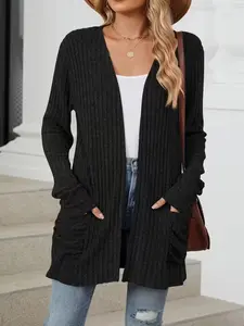 Elegant Plus Size Patchwork Knit Cardigan Jacket for Women, Womenswear Fall Winter Fashion Comfortable Elastic Fitted Long Sleeve Coat with 2 Pockets, Knitwear