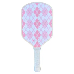 Picklefab Pink Argyle Pickle Ball Paddle Preppy Fiberglass Textured Racket 8oz Lightweight 16mm Width 16.5" Length Cute Single Grip for Women