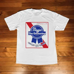 Magic the Gathering Pabst Parody White Tee, Classic Streetwear Vintage Graphic Tee Unisex Top - Casual Daily Wear, Top Menswear Womenswear Streetwear