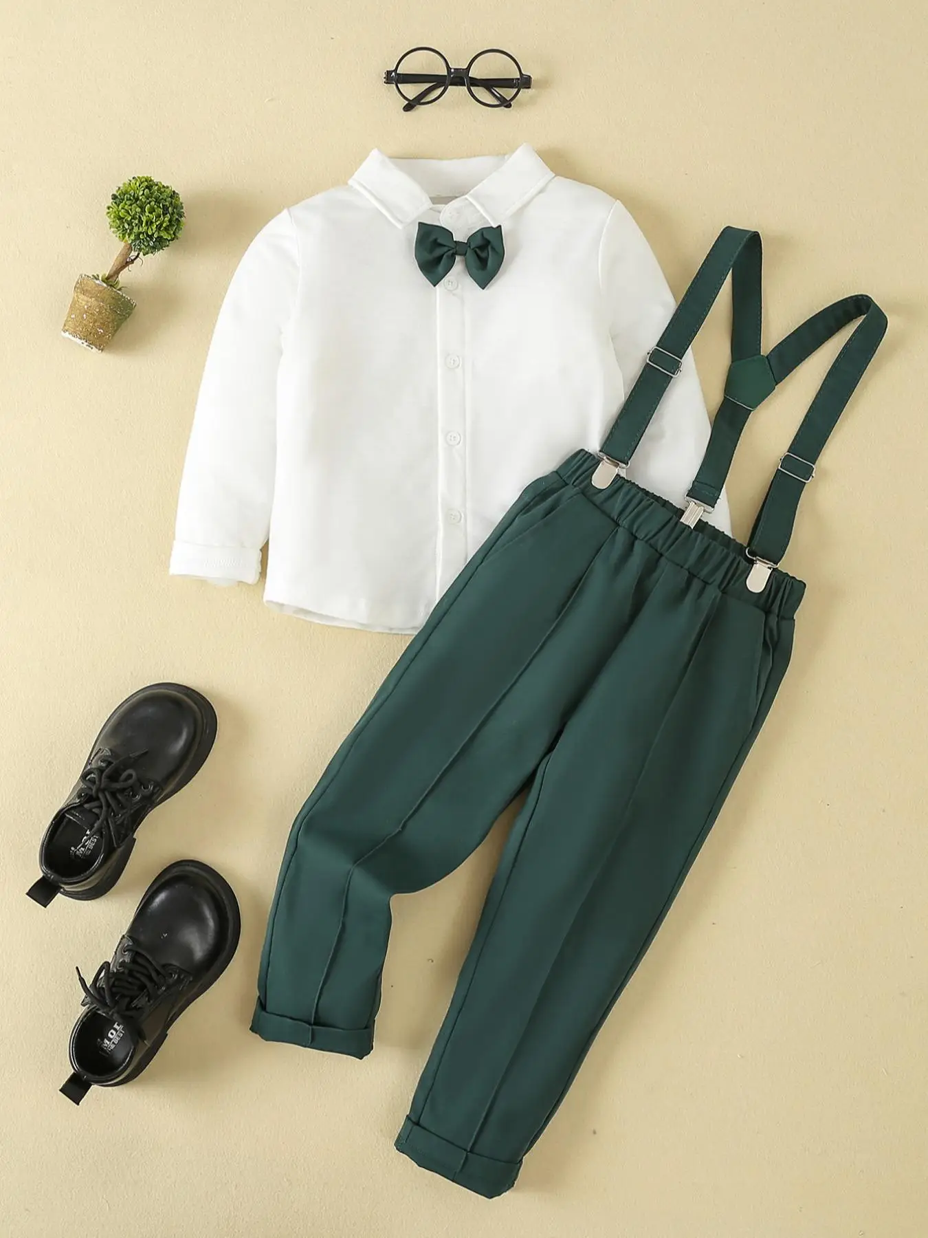 Toddler Boy's 2pcs Bow Button Front Long Sleeve Shirt & Plain Suspender Pants Set, Cute Preppy Style Little Boys Two-piece Outfits, Spring & Fall Clo