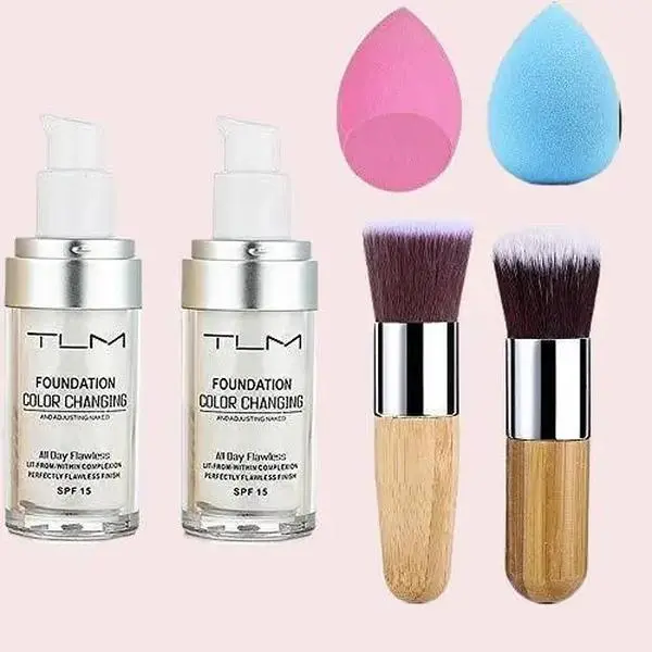 6Pack 2pcs TLM Color Changing Foundation Liquid with 2 Brushes and 2 Cosmetics Sponge Flawless Full Coverage Natural Color Face Primer Base Makeup 30ml Best Halloween Gift