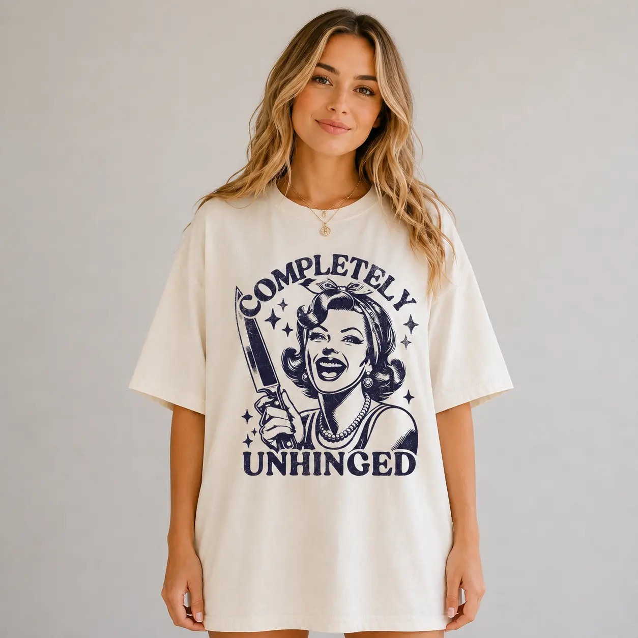Women's Soft Cotton Body-Fitted T-Shirt - Retro Cute "Completely Unhinged" Graphic Print, Casual Round Neck Short Sleeves Summer Streetwear Top, Machine Washable, Tshirt