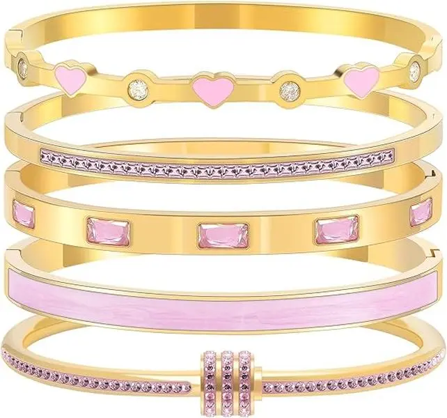 18K Gold Plated Womens Stackable 5 Pcs Set Bracelets Set Love Bangle Bracelets Non Tarnish, Trendy Jewelry Bracelet Set, Gift Women's Day and Mother's Day
