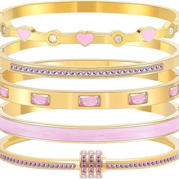 18K Gold Plated Womens Stackable 5 Pcs Set Bracelets Set Love Bangle Bracelets Non Tarnish, Trendy Jewelry Bracelet Set, Gift Women's Day and Mother's Day