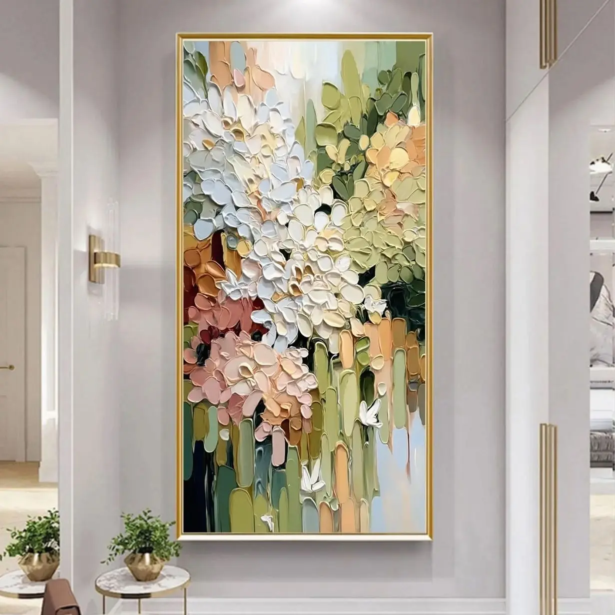 Textured Floral Painting, Abstract White Flower Impasto Art, Sage Green & Blush Pink Decor, Modern Palette Knife Large  | Unframed