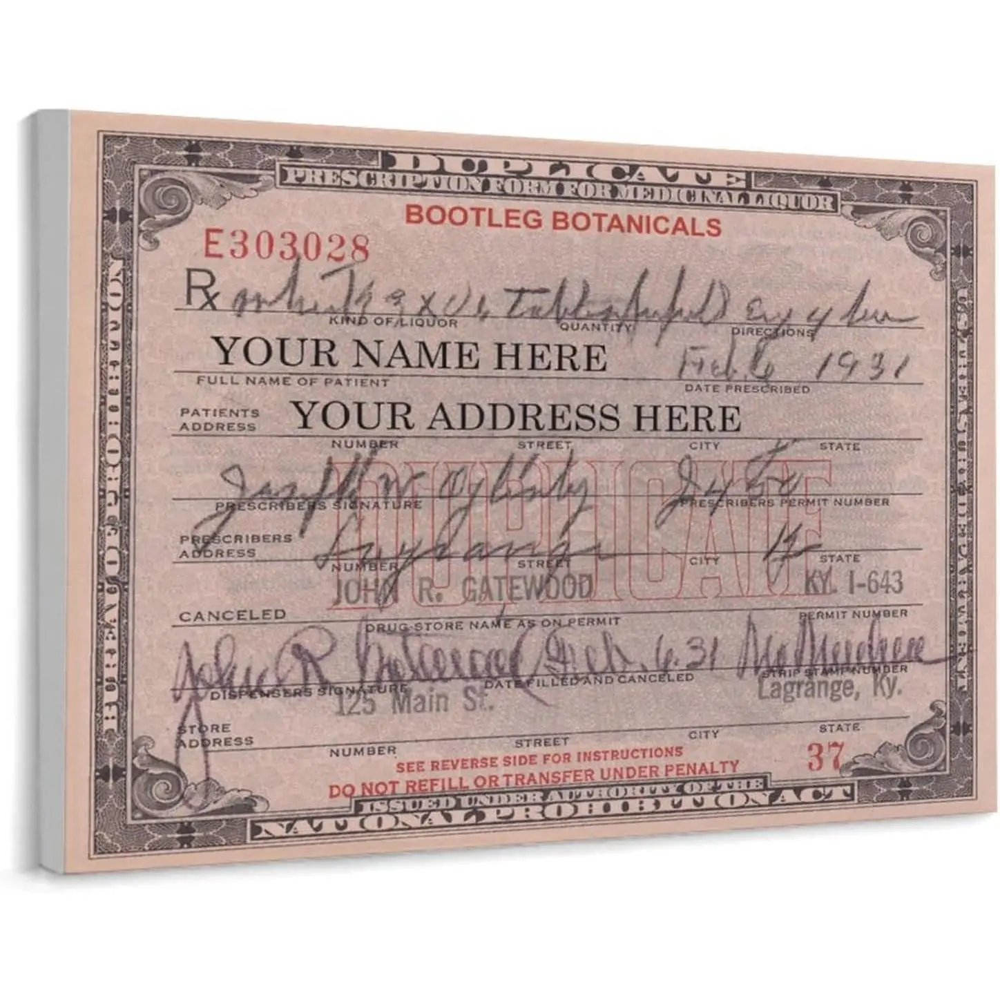 1920s Prohibition Whisky Prescription Poster (2) Canvas Print Wall Art Decoration Living Room Office Bedroom Aesthetic 20x16inch(50x40cm) Unframe-style