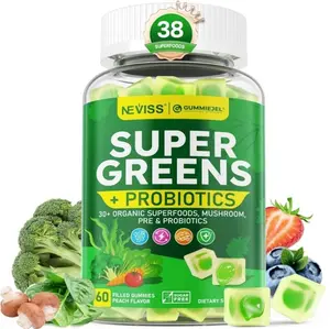Organic Super Greens Daily Superfood Gummies + Probiotics, Spirulina, Chlorella Spinach Broccoli, Prebiotic Fiber, Mushroom -Rich in Vitamins - Adults & Teens Digestive, Focus, Energy, No Sugar, 60Cts