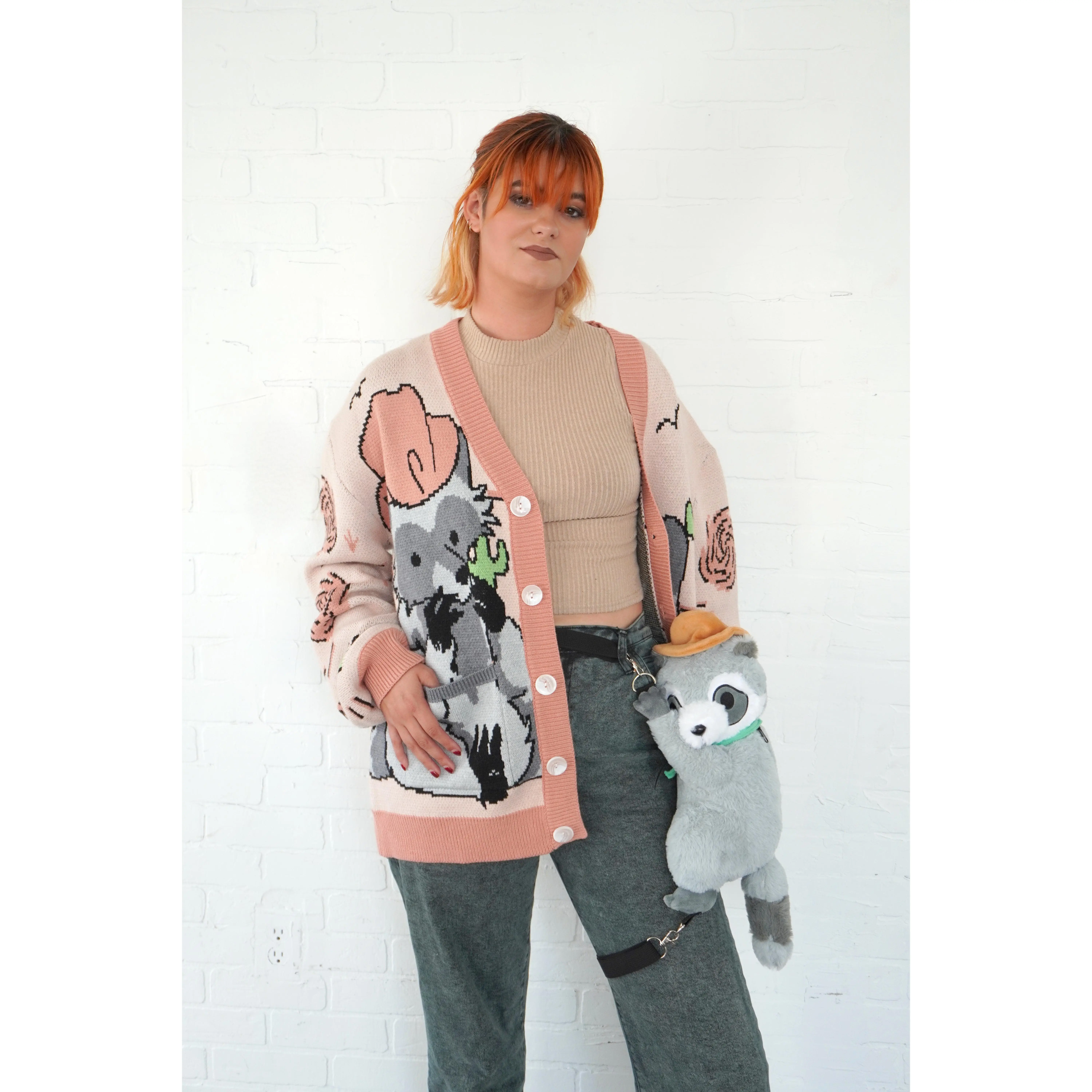 Liten リテン Bicolor raccoon knit coatigan Steady Hands Outlaw Knit Cardigan Beige Gray Raccoon Cowboy Bandit