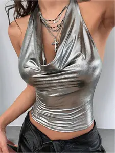 New arrival women's sleeveless slim fit crop top, sexy halter neck crop top, double twist back top, shiny backless halter top, fashion halter party top, festival crop top, Valentine's Day top, date night halter top, women's backless blouse